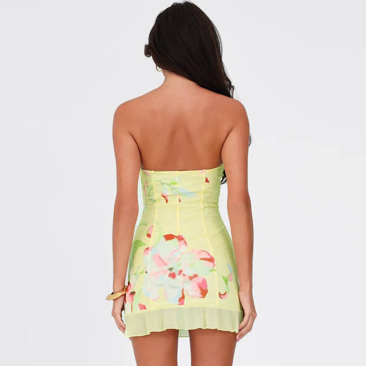 Women’s Strapless Mini Dress with Floral Print and Ruffle Hem