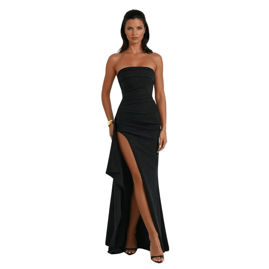 Women’s Strapless Ruched High Slit Maxi Dress