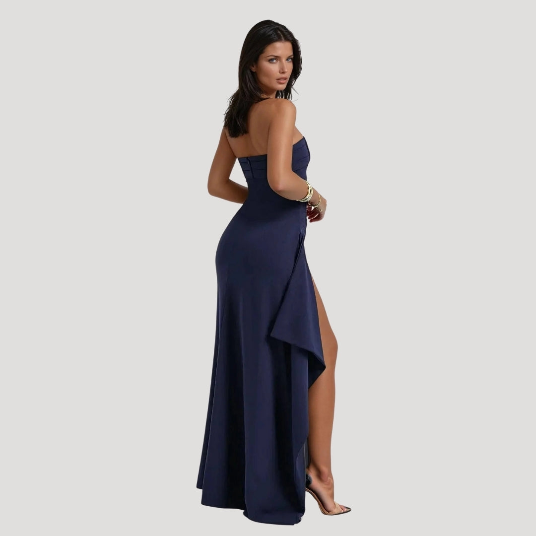 Women’s Strapless Ruched High Slit Maxi Dress