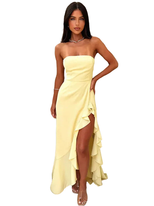 Women’s Strapless Ruffle Split Maxi Dress