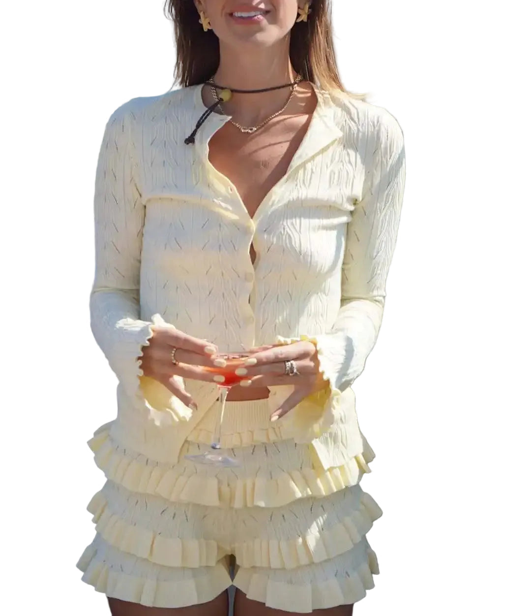 Women’s Textured Knit Top and Ruffle Shorts Set