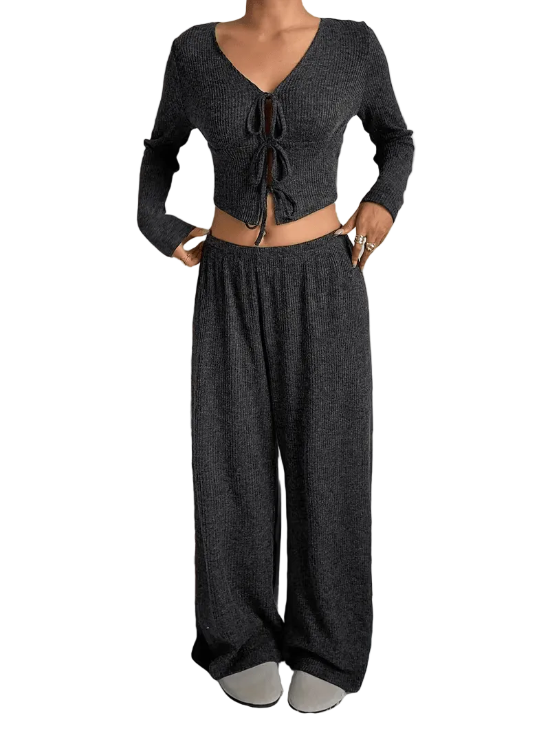 Women’s Tie Front Long Sleeve Top and Wide Leg Trousers Set