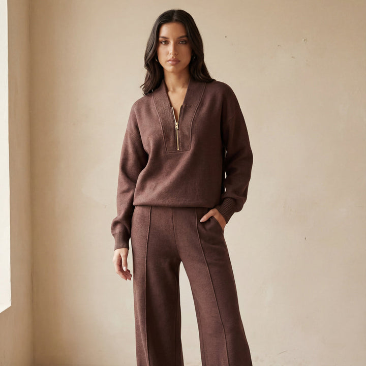 Women’s Two-Piece Lounge Set with Long Sleeve Top and Straight-Leg Trousers