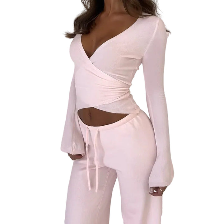 Women’s Two-Piece Set with Long Sleeve Top and Tie-Waist Trousers