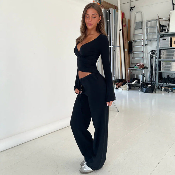Women’s Two-Piece Set with Long Sleeve Top and Tie-Waist Trousers