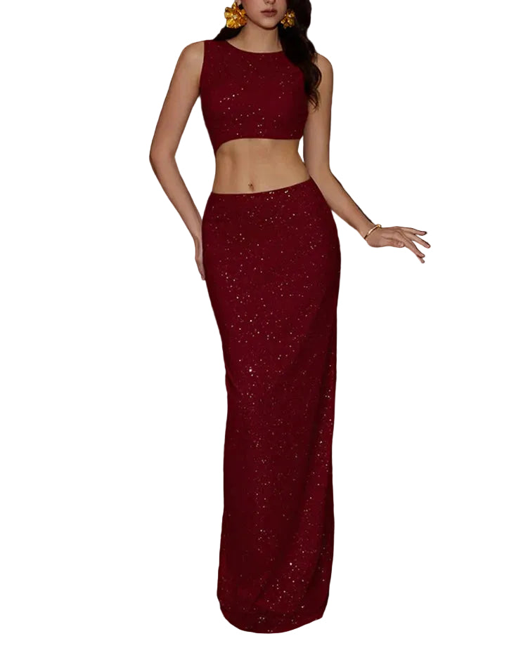 Women’s Two-Piece Set with Sleeveless Crop Top and Maxi Skirt