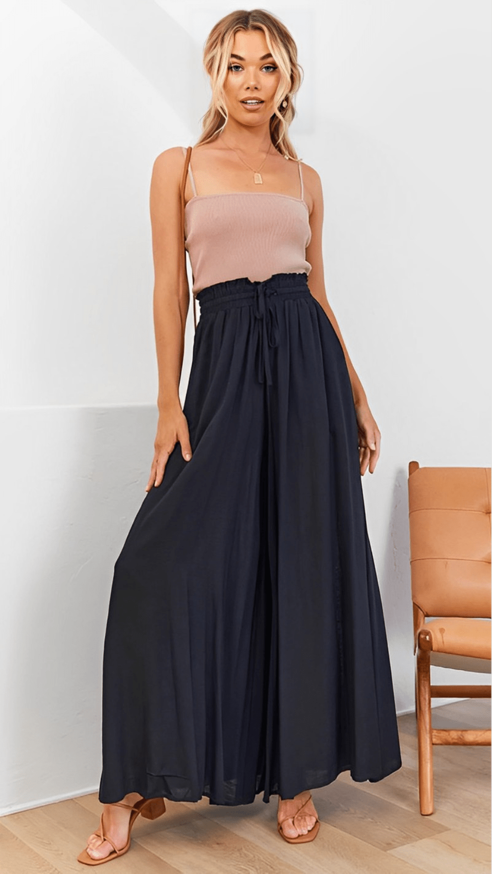 Women's Wide-Leg Trousers with Elasticated Waist and Front Pleats