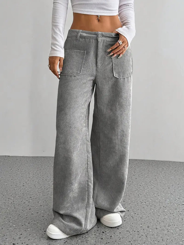 Women's Wide-Leg Trousers with High Waist, Button Closure and Patch Pockets